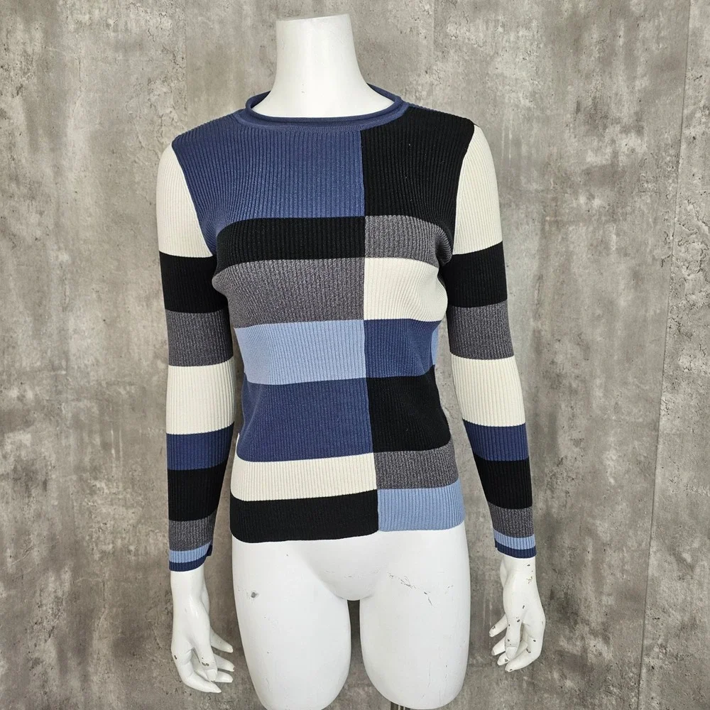 Carolyn Taylor Essentials Colorblock Ribbed Knit Sweater Blue Gray Black Cream S - Picture 2 of 5